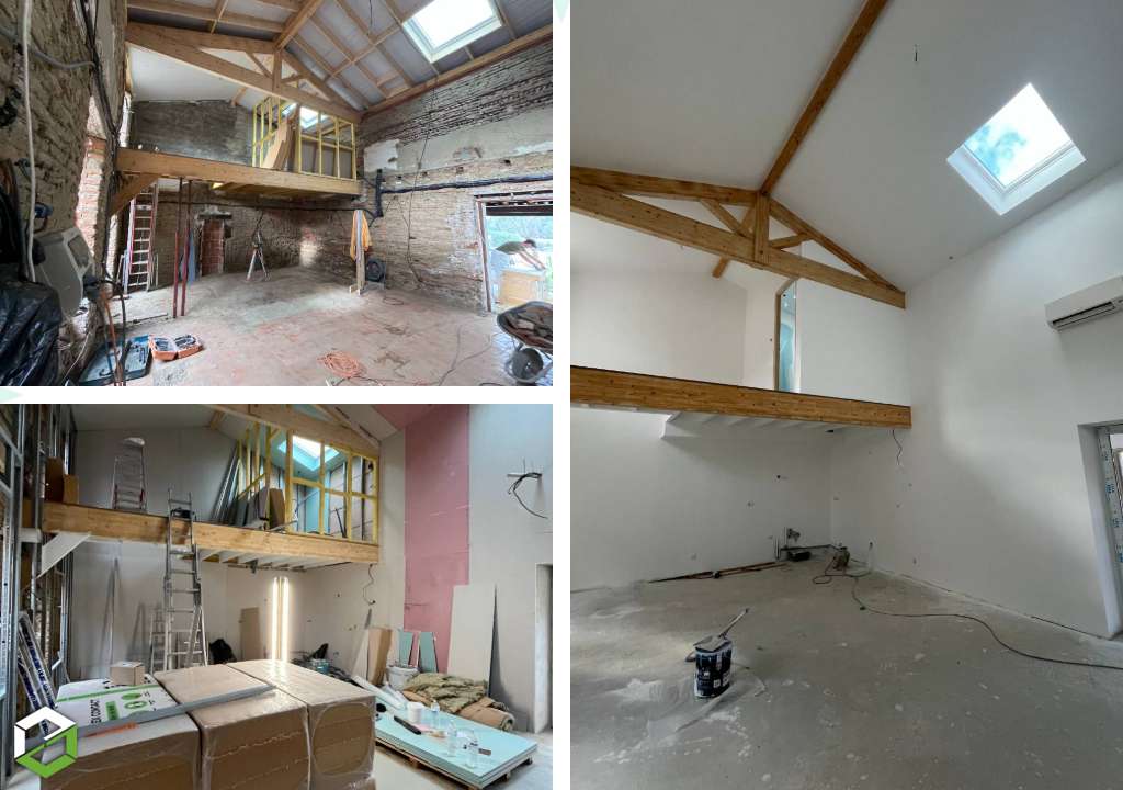 Rénovation complète d'une grange — mezzanine, charpente apparente, velux